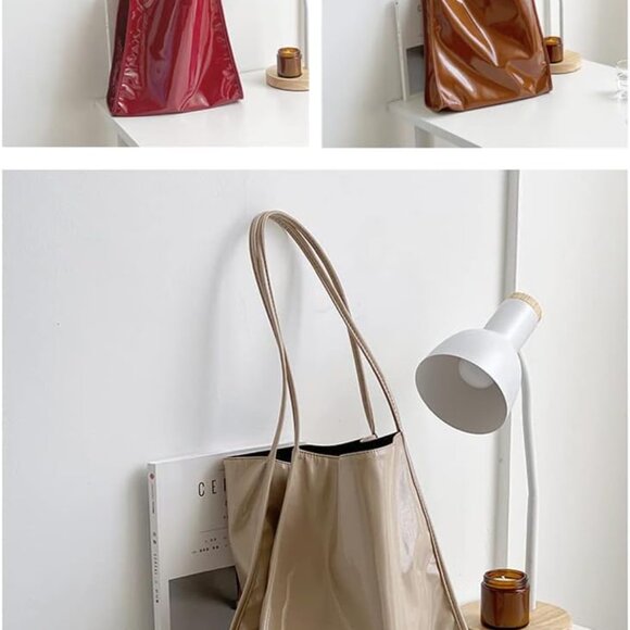 Women Patent Leather Bag Soft Tote Bag Shiny Shoulder Bag Minimal Purse Fashion - Picture 3 of 7